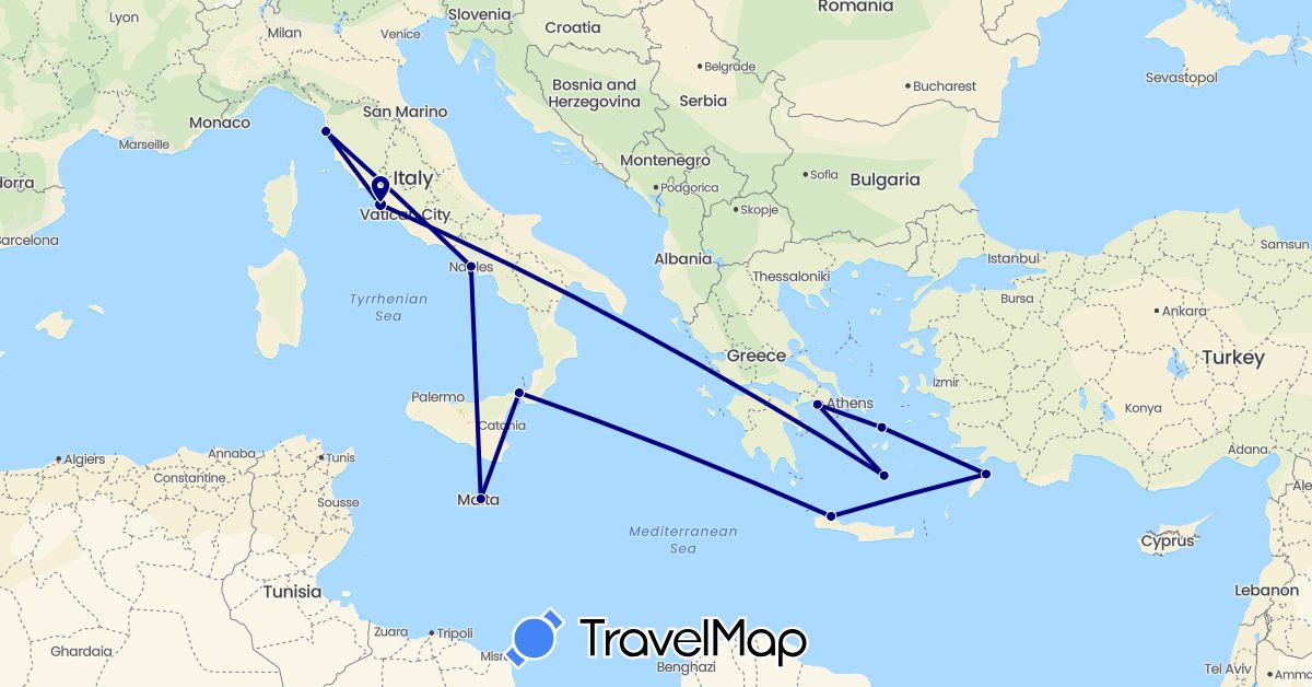 TravelMap itinerary: driving in Greece, Italy, Malta (Europe)